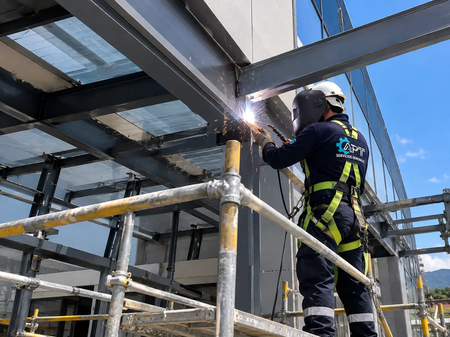 Soldador de APT ejecutando una estructura metálica en un entorno industrial